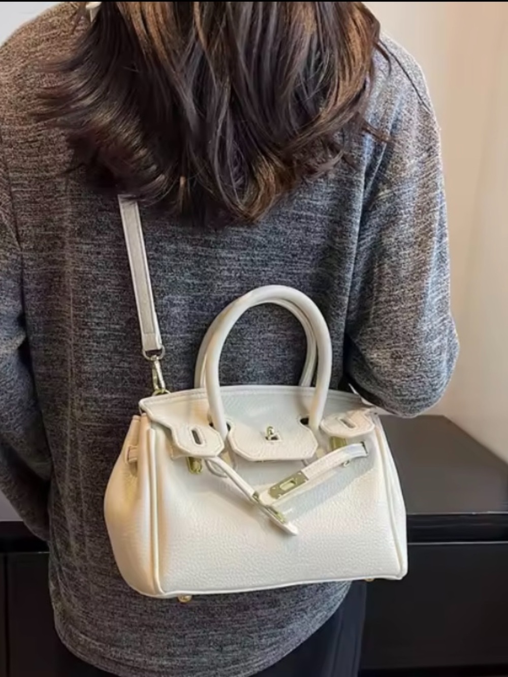 Cream Structured Leather Satchel Handbag